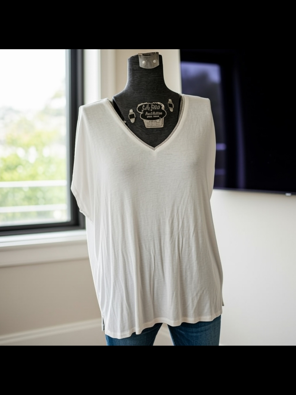 Edgely Oversized White V-Neck Metallic Trim Dropped Shoulder Rayon Drapey Tee